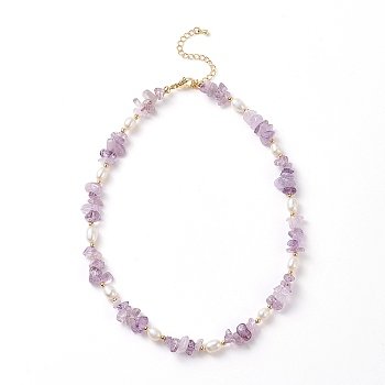 Natural Amethyst Chips & Pearl Beaded Necklace, Gemstone Jewelry for Women, 15.35 inch(39cm)