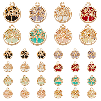 Elite 32Pcs 8 Colors Glass Connector Charms, with Alloy Findings, Flat Round with Tree Links, Light Gold, 17~19.5x13.5x5.5mm, Hole: 1.6mm, 4pcs/color