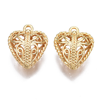 Brass Pendants, Hollow, Nickel Free, Heart, Real 18K Gold Plated, 22x18.5x12mm, Hole: 2mm