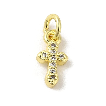 Brass Micro Pave Cubic Zirconia Charms, Real 18K Gold Plated, Cross Charms, Clear, 11.5x6x2mm, Hole: 3mm