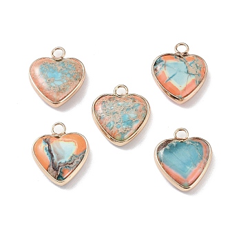 Dyed Synthetic Imperial Jasper Pendants, Brass Heart Charms, Golden, Coral, 19x16x4.5~5.5mm, Hole: 2.7mm