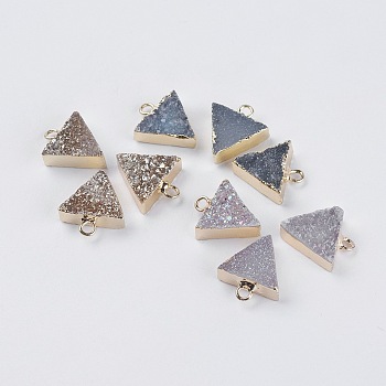 Natural Druzy Agate Charms, Rainbow Plated, with Golden Plated Brass Findings, Triangle, Mixed Color, 13.5x11.5x4~5mm, Hole: 1.5mm