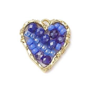 Japanese Seed & Glass Beaded Pendant, with Real 18K Gold Plated Alloy Findings, Heart, Medium Blue, 22.5x21x4mm, Hole: 1.5mm