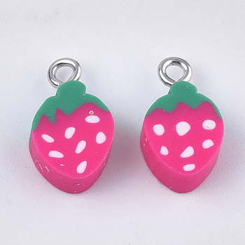 Handmade Polymer Clay Pendants, with Iron Findings, Imitation Food, Strawberry, Platinum, Deep Pink, 16x9x4.5mm, Hole: 1.8mm