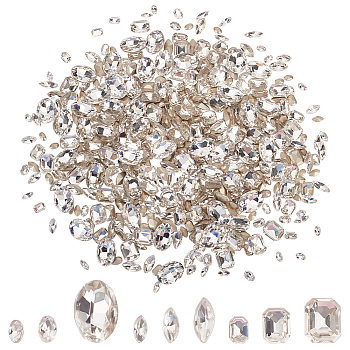 450Pcs 9 Style Glass Rhinestone Cabochons, Pointed Back & Silver Back Plated, Rectangle & Horse Eye & Oval, Crystal, 5~14x3~10x2~5mm, 50pcs/style