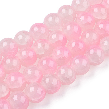 Crackle Baking Painted Imitation Jade Glass Beads Strands, Two Tone, Round, Pink, 8mm, Hole: 1.5mm, about 104~108pcs/strand, 29.72 inch~30.91 inch(75.5~78.5cm)