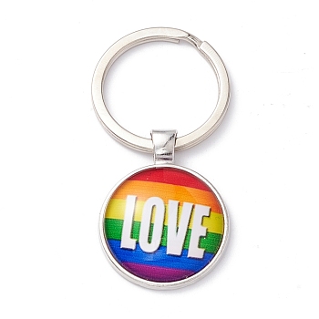 Pride Style Glass Keychain, with Platinum Plated Alloy Findings, Flat Round, Word, 6.2cm