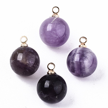 Natural Amethyst Charms, with Golden Plated Brass Loops, Round, 14x10.5mm, Hole: 1.5mm