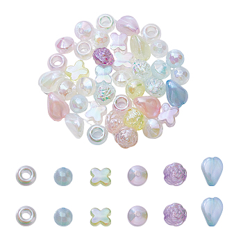 60Pcs 6 Style Plating Acrylic Beads, Pearlized, Bicone & Flower & Teardrop & Round, Mixed Color, 13~20x13~16x7.5~14mm, Hole: 2~6mm, 10pcs/style