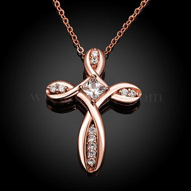 Real Rose Gold Plated Brass Cubic Zirconia Cross Pendant Necklaces(NJEW-BB05740-RG)-2