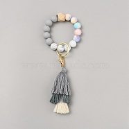 Silicone Round Beaded Keychain Wristlet, with Alloy Keychain Clasps Finding and Tassel, Gray, 21~22.5cm(KEYC-SZC0005-01B)