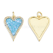 Brass Micro Pave Clear Cubic Zirconia Pendants, with Jump Rings and Shell, Enamel, Real 18K Gold Plated, Nickel Free, Heart, Light Sky Blue, 20x14.5x3mm, Jump Ring: 5x1mm, 3mm inner diameter(KK-N227-93B)