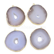 Flat Round Natural Crystal Agate/Ice Quartz Agate Big Pendant, Druzy Trimmed Stone, with Edge Golden Plated and Iron Loops, 55~60x44~50x5~6mm, Hole: 1.8~2.5mm(G-S359-173)