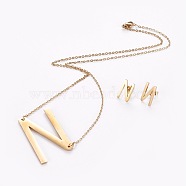 304 Stainless Steel jewelry Sets, Stud Earring and Pendant Necklaces, Alphabet, Golden, Letter.N, 18.7 inch~20.2 inch(47.5~51.3cm), 15x7~12mm, Pin: 0.8mm(SJEW-L141-001N)