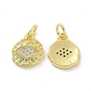 Brass Micro Pave Clear Cubic Zirconia Charms, with Jump Ring, Irregular Flat Round with Eye, Real 18K Gold Plated, 11.5x10x1.5mm, Hole: 3.2mm(KK-E068-VF067)
