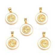 Brass Enamel Pendants, Cadmium Free & Lead Free, Long-Lasting Plated, Flat Round with Virgin Mary, Real 18K Gold Plated, White, 18x16x2.5mm, Hole: 4.5x3.5mm(KK-P209-03G-02-RS)