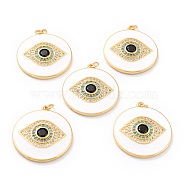 Real 18K Gold Plated Brass Micro Pave Cubic Zirconia Pendants, with Jump Ring and Enamel, Long-Lasting Plated, Flat Round with 
Evil Eye, White, 33x30x4mm, Jump Ring: 5x1mm, 3mm Inner Diameter(ZIRC-L100-084G-05)