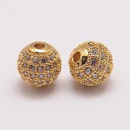 Brass Micro Pave Cubic Zirconia Beads, Round, Golden, 8.5x8mm, Hole: 1.5mm(ZIRC-E110-05G)