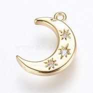 Brass Charms, with Cubic Zirconia, Moon, Golden, 16x10x2mm, Hole: 1.2~1.5mm(X-ZIRC-G116-06G)
