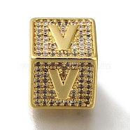 Brass Cubic Zirconia Beads, Letter V, Square, Letter V, 9.5x9.5x9.5mm, Hole: 6mm(KK-Q818-01V-G)