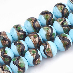 Handmade Gold Sand Lampwork Beads, Round, Sky Blue, 12~12.5x11~12mm, Hole: 1.5~2mm(LAMP-T006-02J)