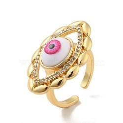 Cubic Zirconia Horse Eye Open Cuff Ring with Acrylic, Real 18K Gold Plated Brass Jewelry for Women, Cadmium Free & Lead Free, Hot Pink, US Size 6 3/4(17.1mm)(RJEW-B042-03G-02)