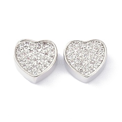 Brass Clear Cubic Zirconia Beads, Long-Lasting Plated, Lead Free & Cadmium Free, Heart, Real Platinum Plated, 8.8x9.5x4.4mm, Hole: 1.6mm(ZIRC-C022-39P)