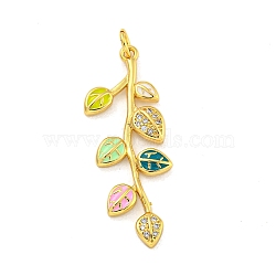 Real 18K Gold Plated Brass Micro Pave Cubic Zirconia Pendants, with Enamel and Jump Rings, Leaf, Colorful, 36.5x14.5x2.5mm(KK-R159-44G-02)