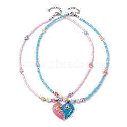 Alloy Enamel Split Pendant Necklaces, Glass Seed Bead Necklaces, Mixed Color, 16.54 inch(42cm), 2pcs/set(NJEW-JN04719)