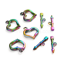 Ion Plating(IP) 304 Stainless Steel Toggle Clasps, Heart & Arrow, Rainbow Color, Ring: 20x18x3mm, Hole: 2mm, Bar: 23.5x6.5x2.5mm, Hole: 1.8mm(STAS-D142-02A-M)