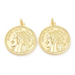 Brass Pendants, Long-Lasting Plated, Coin, Real 18K Gold Plated, 28.5x25.5x2mm, Hole: 4mm(KK-P200-10G)