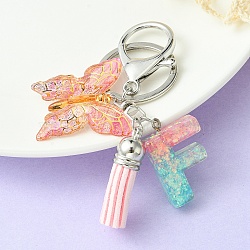 Resin & Acrylic Keychains, with Alloy Split Key Rings and Faux Suede Tassel Pendants, Letter & Butterfly, Random Gradient Color, Letter F, 8.6cm(KEYC-YW00002-06)