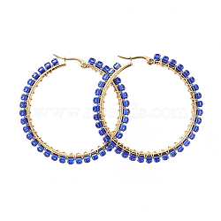 304 Stainless Steel Big Hoop Earrings, with Brass Rhinestone Cup Chain, Ring Shape, Golden, Sapphire, 48~49x50x3mm, Pin: 0.5x1mm(EJEW-JE04161-04)