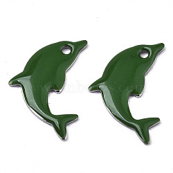 201 Stainless Steel Enamel Pendants, Dolphin, Stainless Steel Color, Dark Green, 17x11.5x1.5mm, Hole: 1.2mm(STAS-N088-16E)