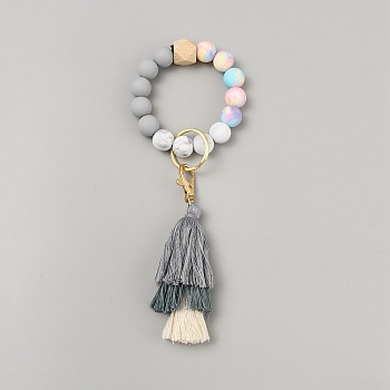 Silicone Round Beaded Keychain Wristlet, with Alloy Keychain Clasps Finding and Tassel, Gray, 21~22.5cm