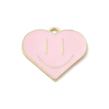 Alloy Enamel Pendants, Golden, Heart with Smiling Face Charms, Pink, 25x26.5x1.5mm, Hole: 2mm