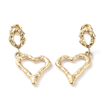 304 Stainless Steel Dangle Stud Earrings, Hollow Heart, Real 14K Gold Plated, 38x19mm