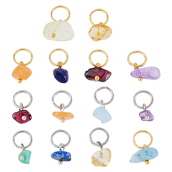12 Sets 2 Colors  Natural Mixed Stone Charms, Natural Garnet & Red Aventurine & Green Aventurine & Amethyst & Citrine & Aquamarine & Lapis Lazuli, with 304 Stainless Steel Jump Ring, Nuggets, Golden & Stainless Steel Color, 14mm, 6 sets/color, 7pcs/set