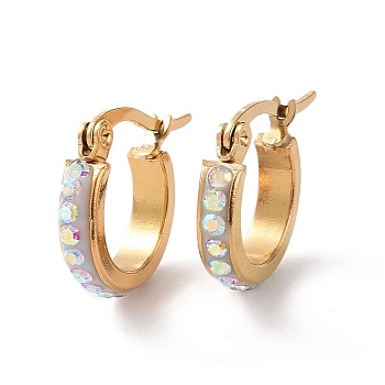 304 Stainless Steel Hoop Earrings, with Polymer Clay and Rhinestone, Ring, Golden, Crystal AB, 20x15x3.5mm