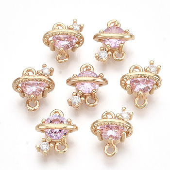 Golden Tone Brass Links connectors, with Glass, Faceted, Planet, Pearl Pink, 10x9x5mm, Hole: 1.2mm
