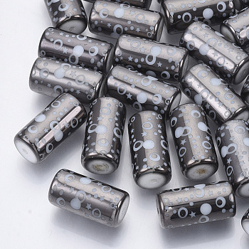Electroplate Glass Beads, Column with Dot and Star Pattern, Gray, 20x10mm, Hole: 1.2mm, about 50pcs/bag