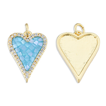Brass Micro Pave Clear Cubic Zirconia Pendants, with Jump Rings and Shell, Enamel, Real 18K Gold Plated, Nickel Free, Heart, Light Sky Blue, 20x14.5x3mm, Jump Ring: 5x1mm, 3mm inner diameter