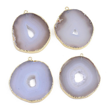 Flat Round Natural Crystal Agate/Ice Quartz Agate Big Pendant, Druzy Trimmed Stone, with Edge Golden Plated and Iron Loops, 55~60x44~50x5~6mm, Hole: 1.8~2.5mm