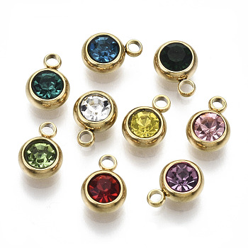 Vacuum Plating 201 Stainless Steel Rhinestone Charms, Birthstone Charms, Flat Round, Real 18K Gold Plated, Mixed Color, 8.5x6x3mm, Hole: 1.5mm