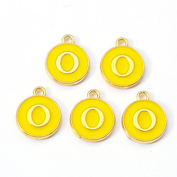 Golden Plated Alloy Enamel Charms, Enamelled Sequins, Flat Round with Letter, Gold, Letter.O, 14x12x2mm, Hole: 1.5mm