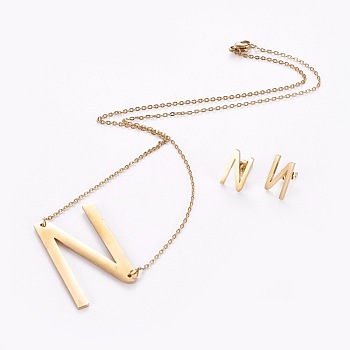 304 Stainless Steel jewelry Sets, Stud Earring and Pendant Necklaces, Alphabet, Golden, Letter.N, 18.7 inch~20.2 inch(47.5~51.3cm), 15x7~12mm, Pin: 0.8mm