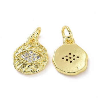 Brass Micro Pave Clear Cubic Zirconia Charms, with Jump Ring, Irregular Flat Round with Eye, Real 18K Gold Plated, 11.5x10x1.5mm, Hole: 3.2mm