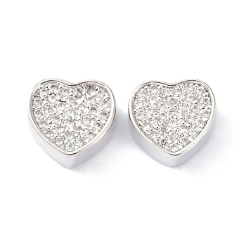 Brass Clear Cubic Zirconia Beads, Long-Lasting Plated, Lead Free & Cadmium Free, Heart, Real Platinum Plated, 8.8x9.5x4.4mm, Hole: 1.6mm