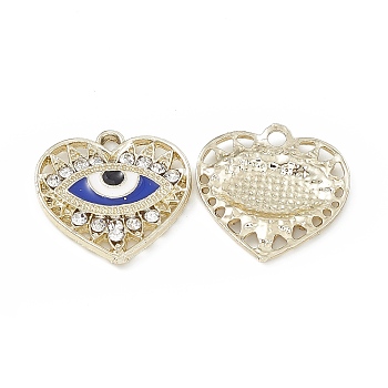 Alloy Crystal Rhinestone Pendants, with Enamel Evil Eye, Heart Charms, Light Gold, 20.5x20x2.5mm, Hole: 2mm