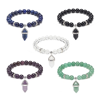 Natural Gemstone Round Beaded Stretch Bracelet with Bullet Charms for Women, Inner Diameter: 2~2-1/8 inch(5.1~5.3cm)